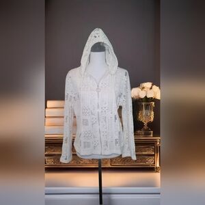 Vacation Style Casual Hollow Out Zipper Front Lace Hooded Cardigan Sz L